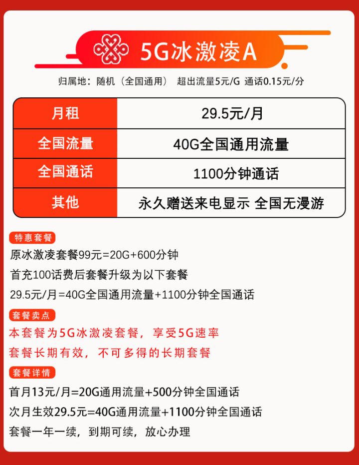联通冰激凌A版套餐介绍 29.5包40G全国通用流量+1100分钟全国通话-1