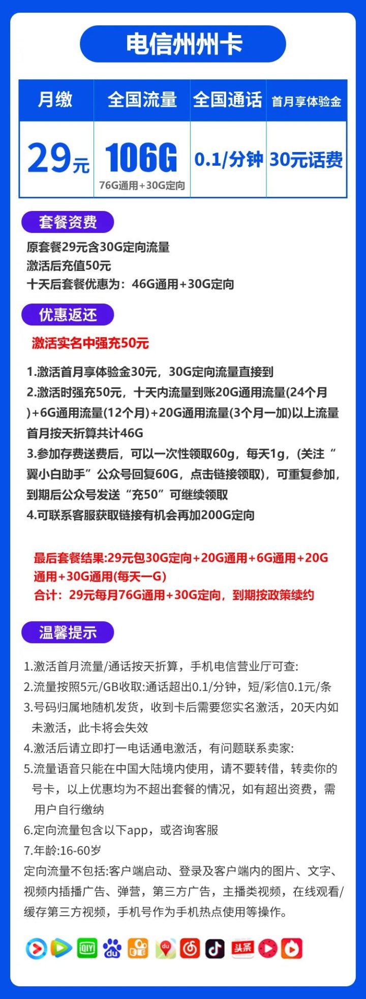 电信州州卡套餐介绍 29元包106G全国流量+200G定向流量-1