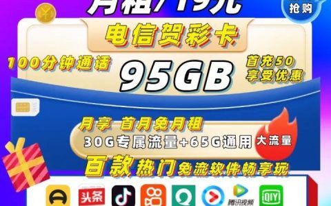 电信贺彩卡套餐介绍 19元月租包95G流量+100分钟通话
