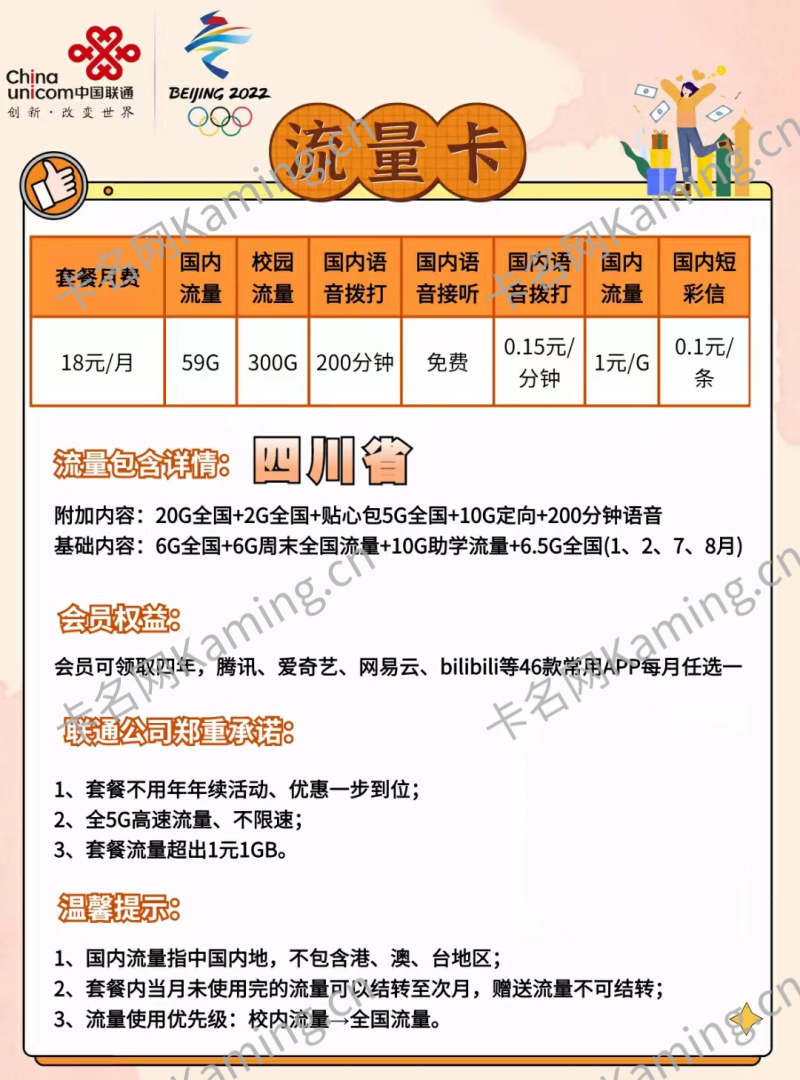 联通沃派随意享套餐介绍 18元月租包59G流量+200分钟+送4年会员
