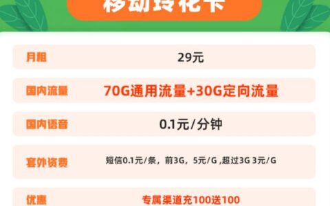 中国移动29元大流量卡玲花卡，每月轻松享用100GB流量