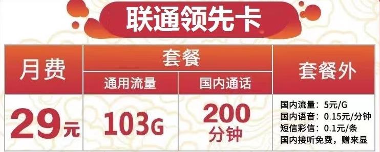 联通领先卡怎么样好用吗:29元可享103G通用+200分钟