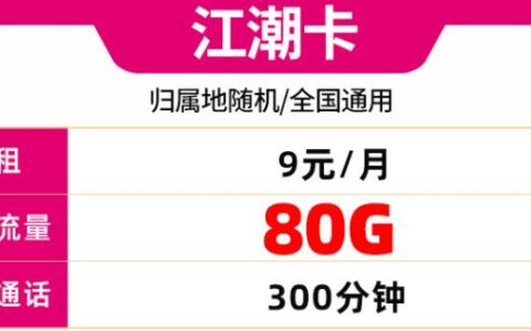 江潮卡：9元+50G通用+30G定向+300分钟通话套餐
