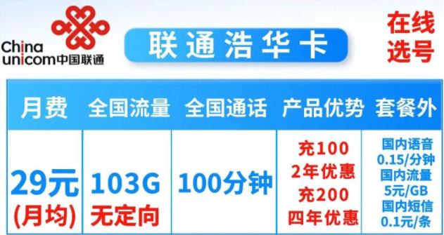 【联通浩华卡】月均29元103G无定向流量，首充100分钟