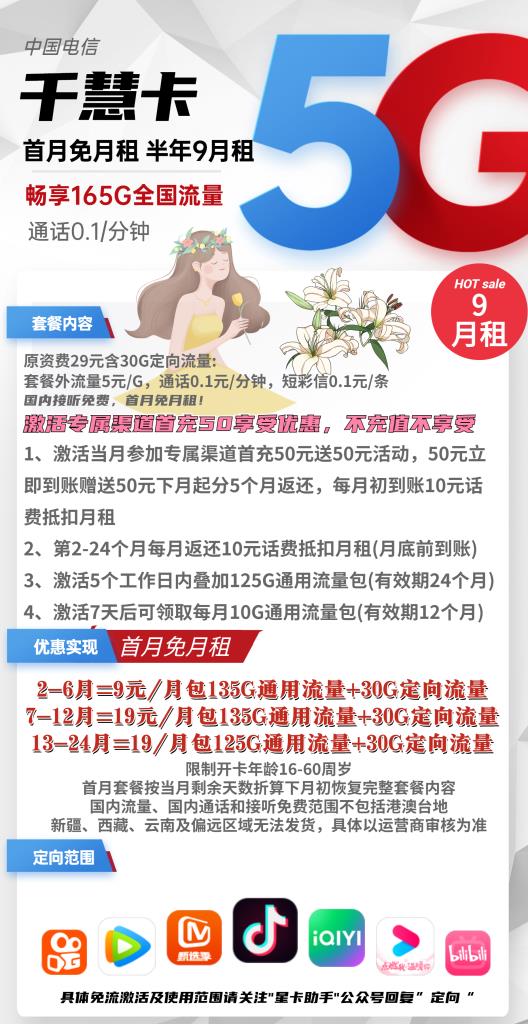 超低月租！电信千慧卡9元包135G通用流量+30G定向流量