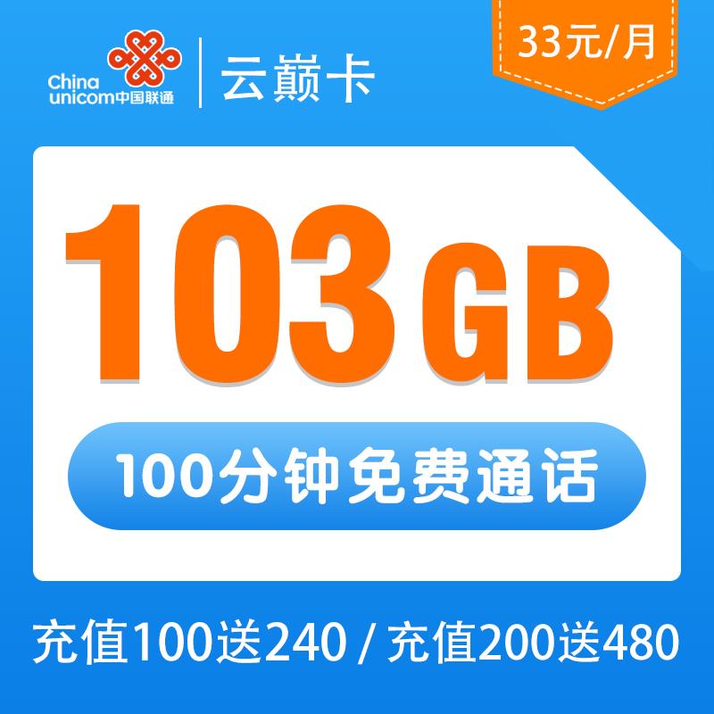 【联通云巅卡】月租33元一个月流量，100分钟免费通话