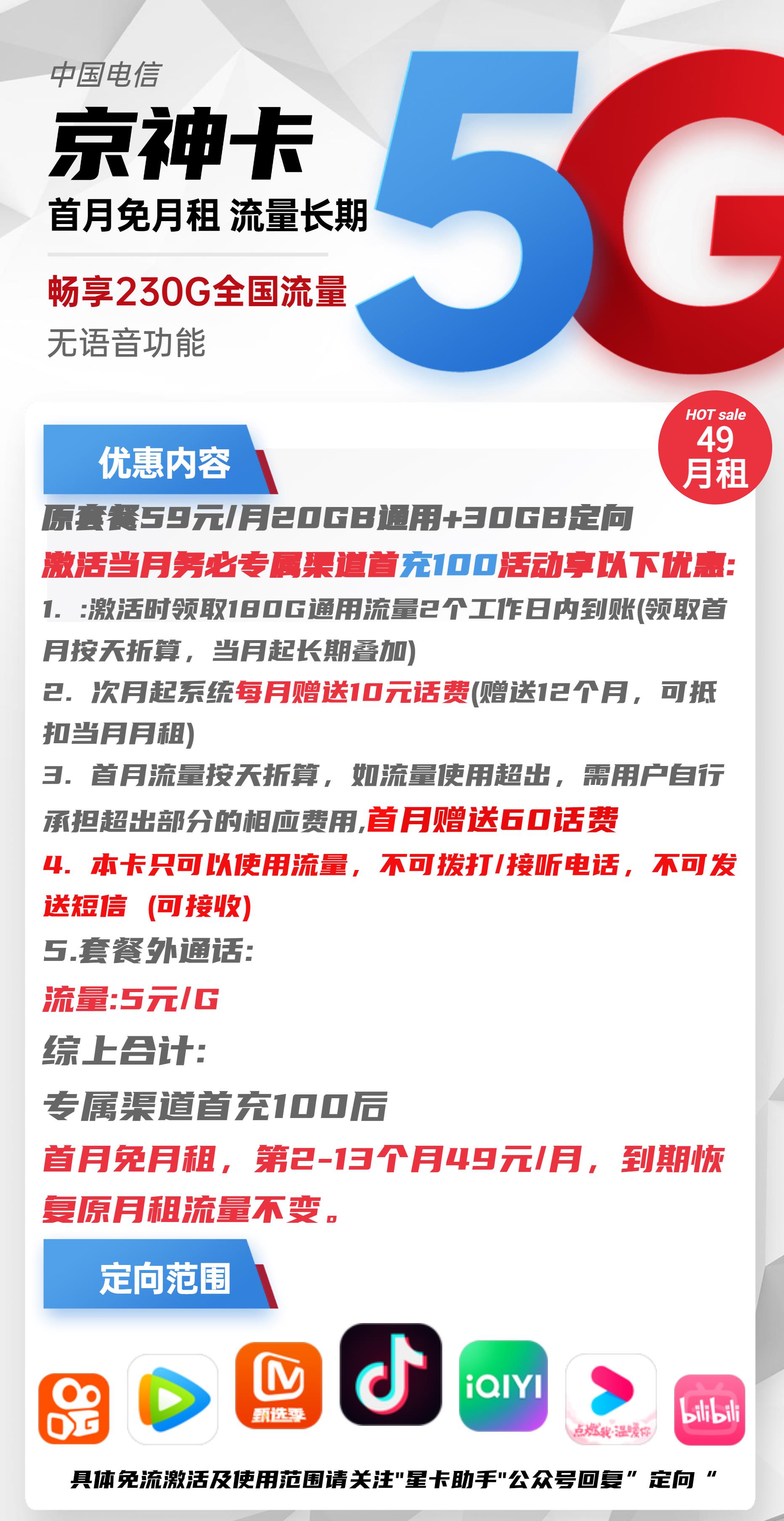 电信京神卡49元包200G，全国通用流量+无语音功能