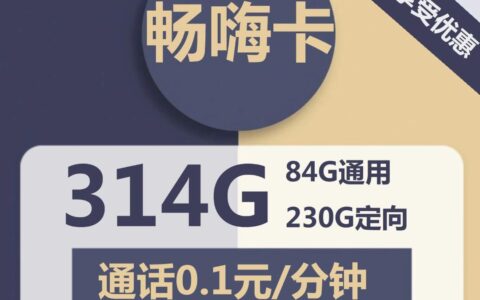电信畅嗨卡38元包84G全国通用流量+230G定向流量+通话0.1元/分钟