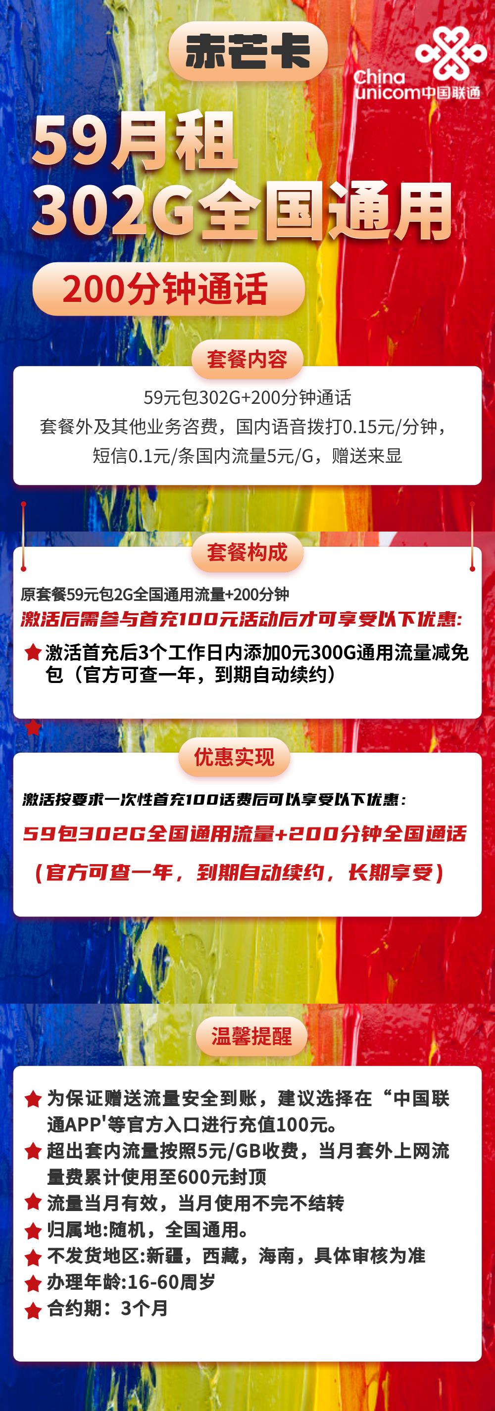联通赤芒卡免2个月月租，包302G全国通用流量+200分钟通话