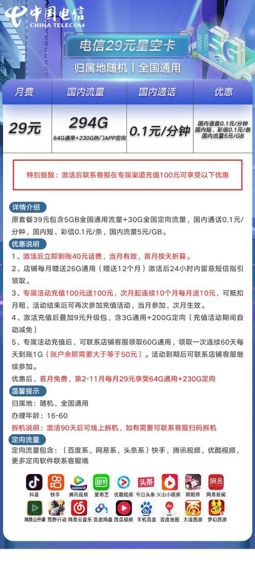 电信29元大流量卡，月享30G流量+300分钟通话，性价比超高